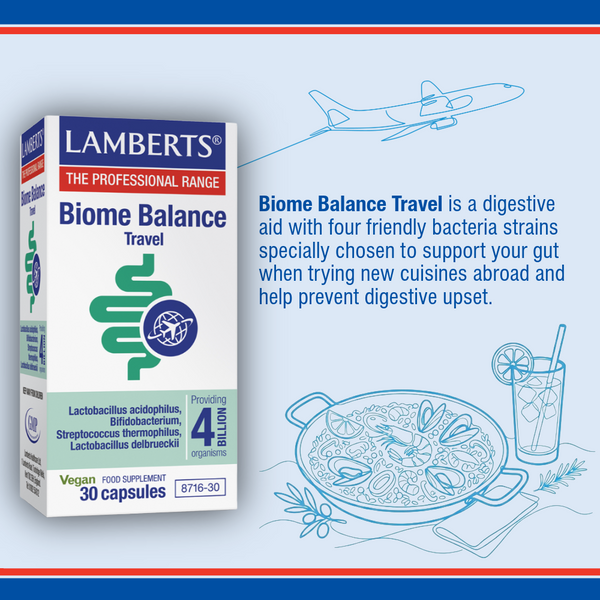 Lambert's Biome Balance Travel supplement box with travel-themed illustrations on a blue background