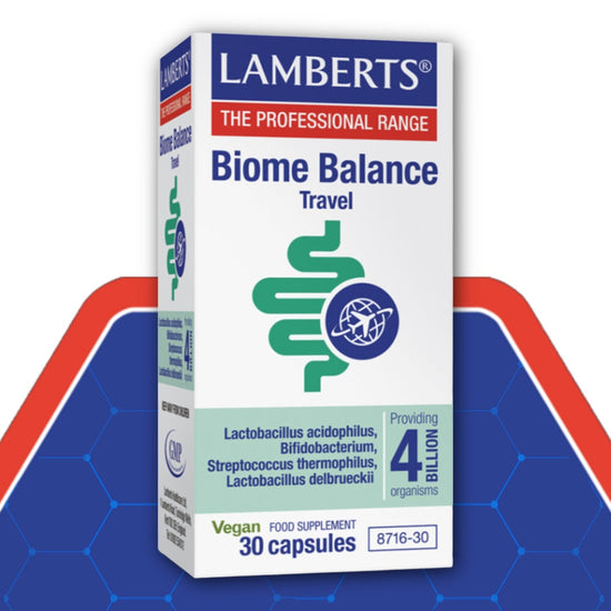 Lamberts Biome Balance Travel supplement box on a blue and red background