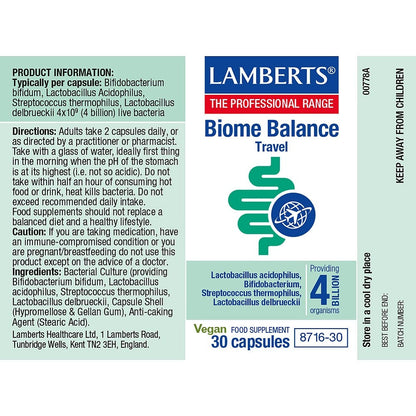 Lamberts Biome Balance Travel supplement label with product information and directions.