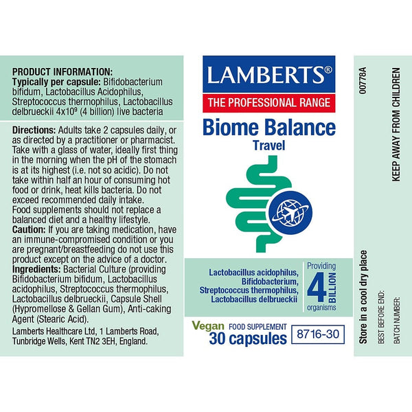 Lamberts Biome Balance Travel supplement label with product information and directions.