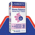 Lamberts Biome Balance product packaging on a blue and red background