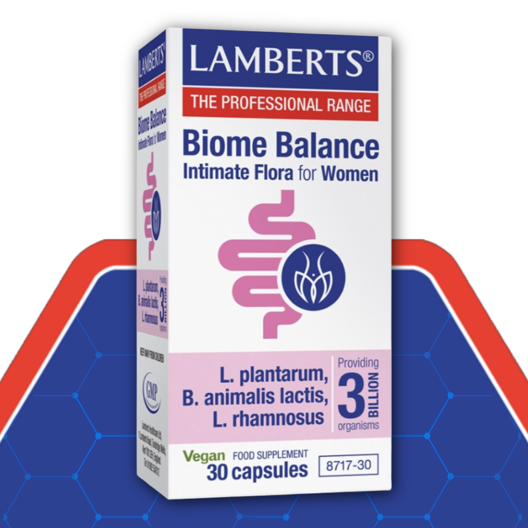 Lamberts Biome Balance product packaging on a blue and red background
