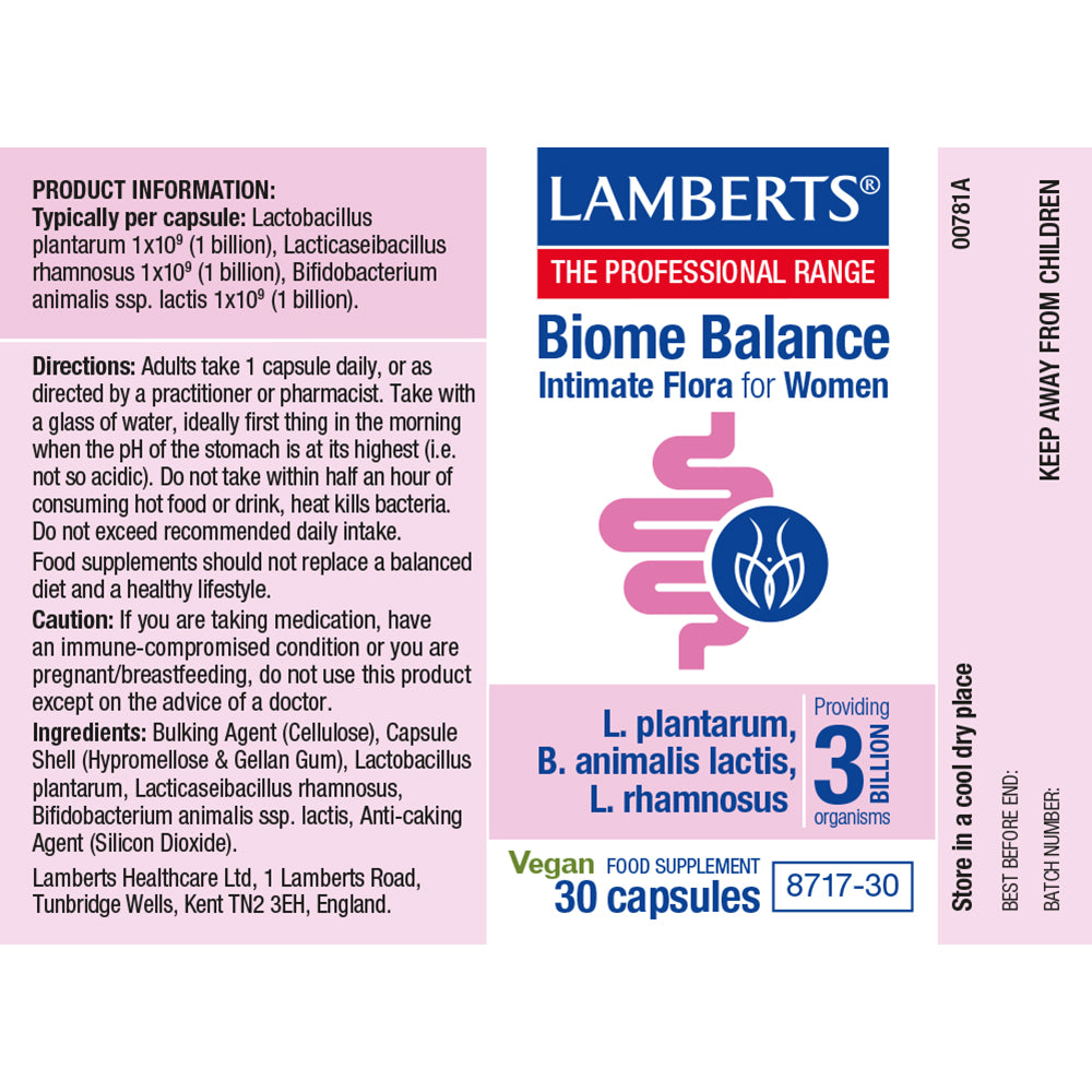 Lamberts Biome Balance supplement label for women on a white background
