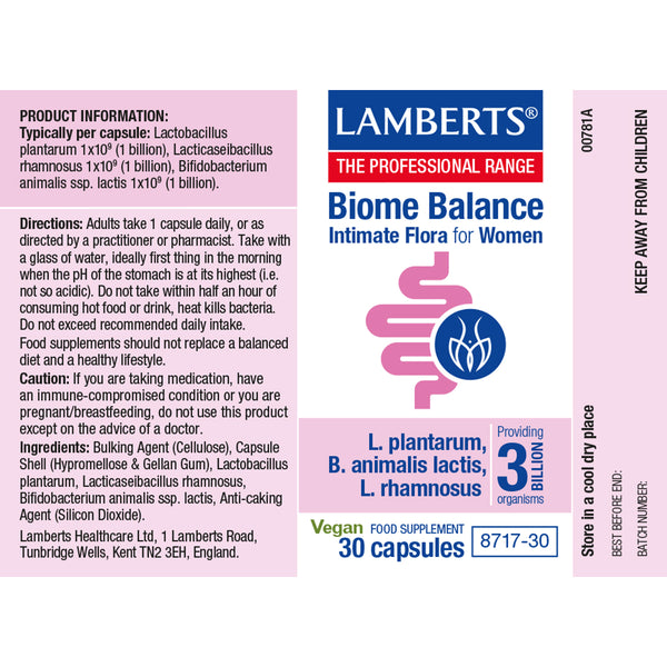 Lamberts Biome Balance supplement label for women on a white background