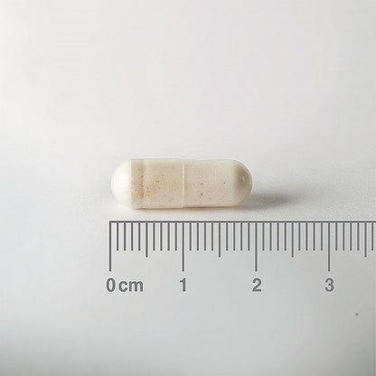 Capsule with a ruler showing its size on a white background