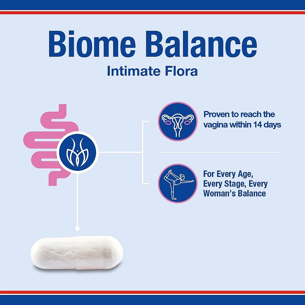 Biome Balance product packaging with text and graphics on a blue background