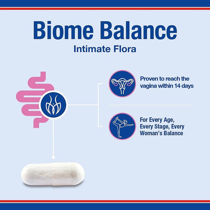 Biome Balance product packaging with text and graphics on a blue background