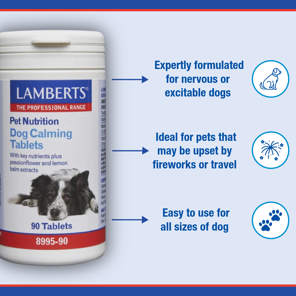 Lamberts Pet Nutrition Dog Calming Tablets packaging with text on a blue background