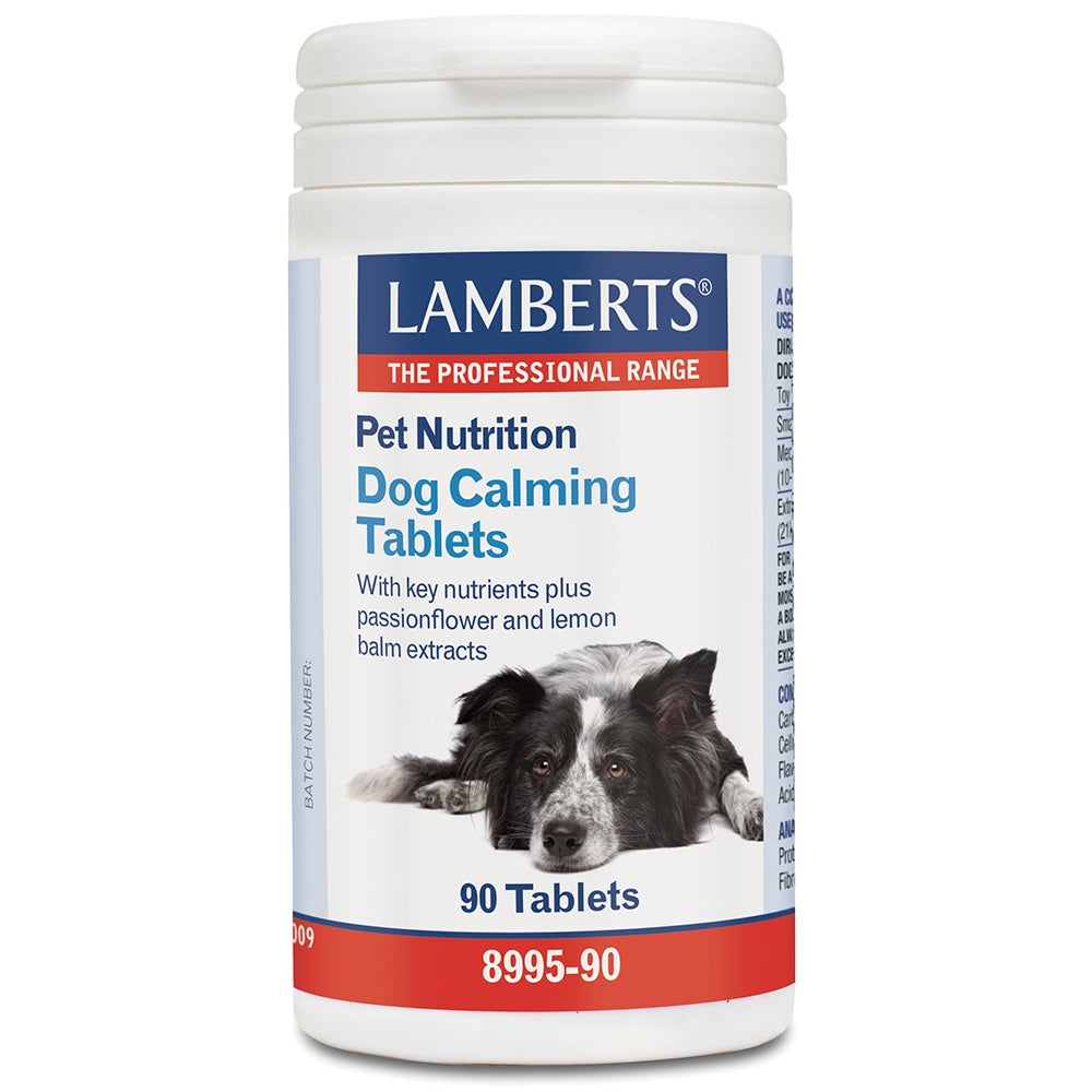Lamberts Pet Nutrition Dog Calming Tablets container on a white background