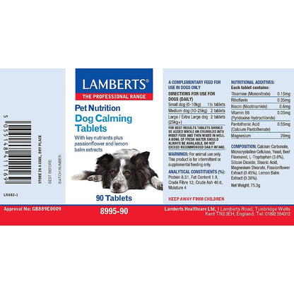 Lambert's Pet Nutrition Dog Calming Tablets packaging with a dog illustration on a white background.