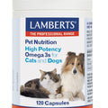 Lamberts Pet Nutrition supplement container for cats and dogs on a white background