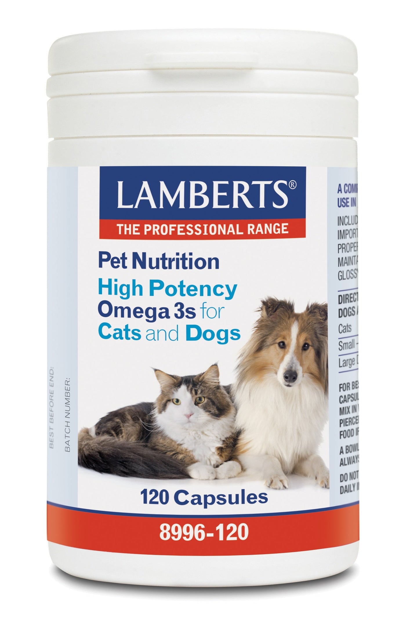 Lamberts Pet Nutrition supplement container for cats and dogs on a white background