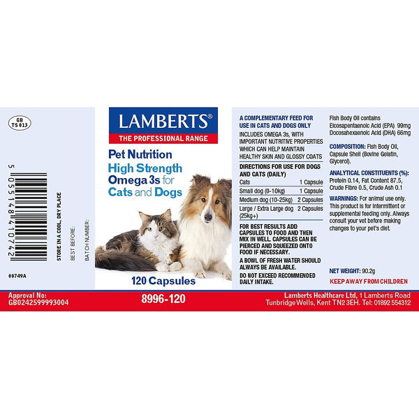 Lambert's pet nutrition supplement packaging for cats and dogs on a white background