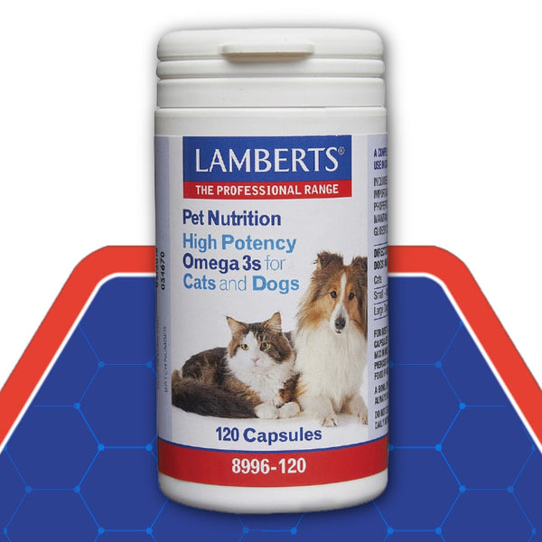 Lamberts pet nutrition supplement container for cats and dogs on a blue and red background