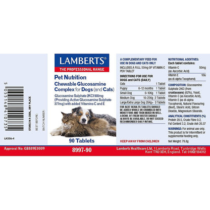 Lamberts Pet Nutrition supplement label for dogs and cats with images of a dog and cat.