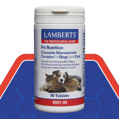 Lamberts Pet Nutrition supplement container for dogs and cats on a blue and red background