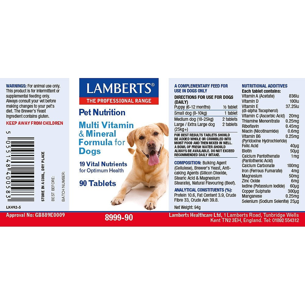 Lamberts Pet Nutrition Multi Vitamin & Mineral Formula for Dogs label with a dog illustration.