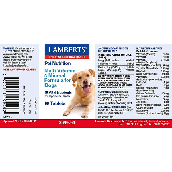 Lamberts Pet Nutrition Multi Vitamin & Mineral Formula for Dogs label with a dog illustration.