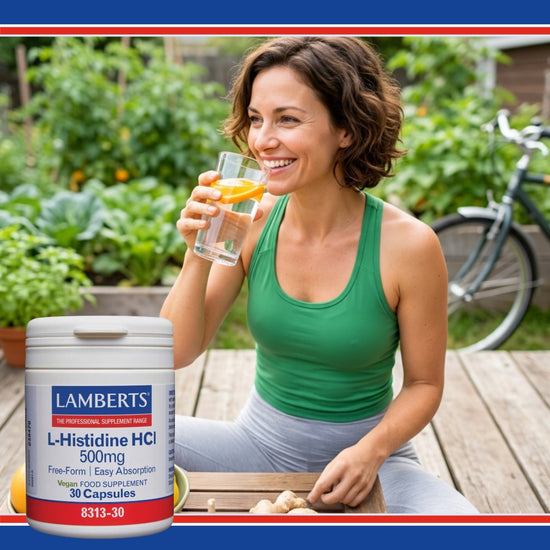 Woman holding a glass of water with a lemon, sitting outdoors next to a Lamberts L-Histidine HCI supplement container.