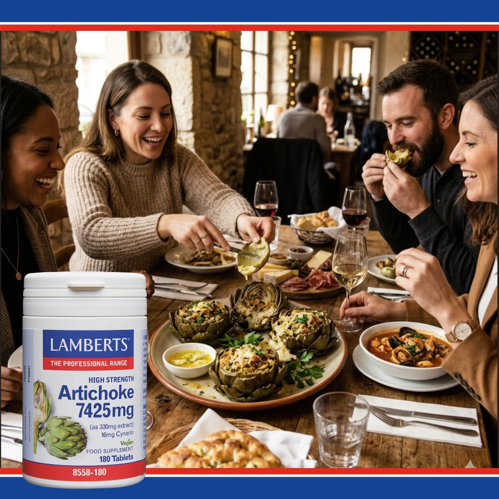 Group of people enjoying a meal together with a Lamberts Artichoke 7425mg supplement container in the foreground.