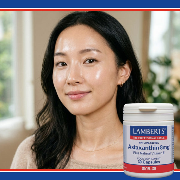 Woman with a supplement container labeled 'Lamberts' on a blurred background
