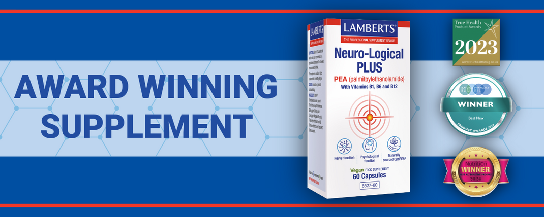 Lambert's Neuro-Logical Plus supplement box with awards on a blue background