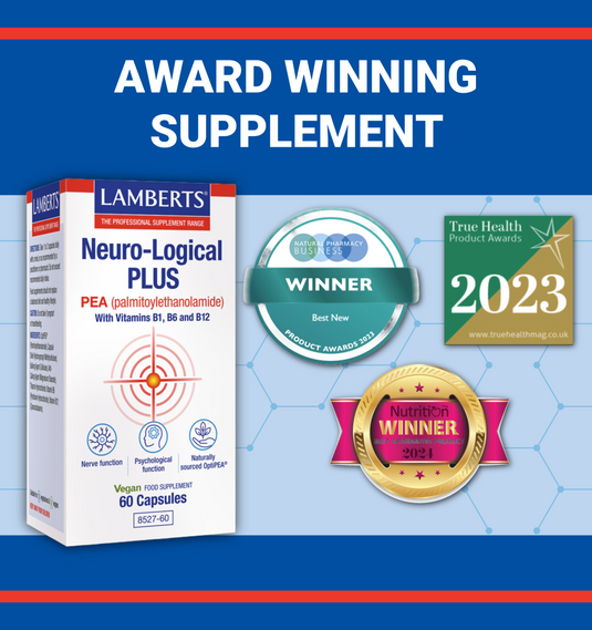 Lambert's Neuro-Logical Plus supplement box with awards on a blue background