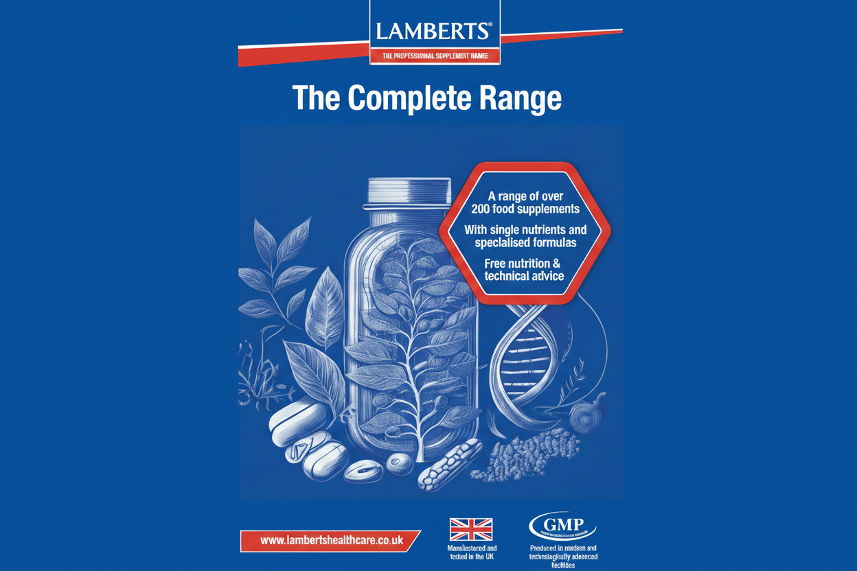 Lambert's supplement range advertisement with a jar and leaves on a blue background