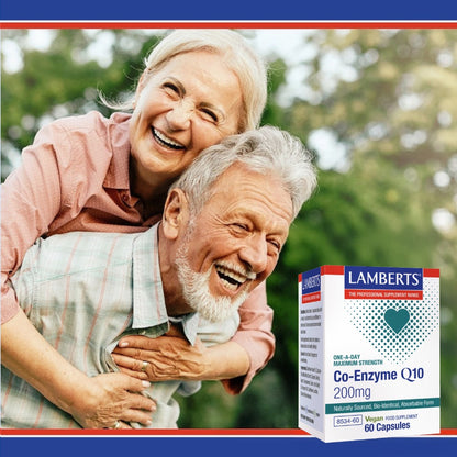 Two elderly people smiling with a Lamberts Co-Enzyme Q10 supplement box in the foreground.