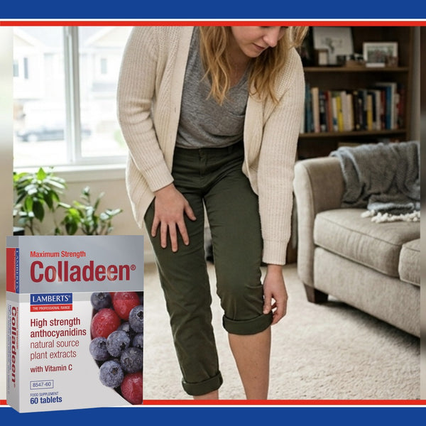 Person holding knee with Colladeen supplement box in foreground, living room background