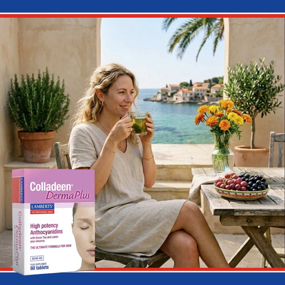 Woman sitting outdoors enjoying a drink with Colladeln DermaPlus supplement packaging displayed.
