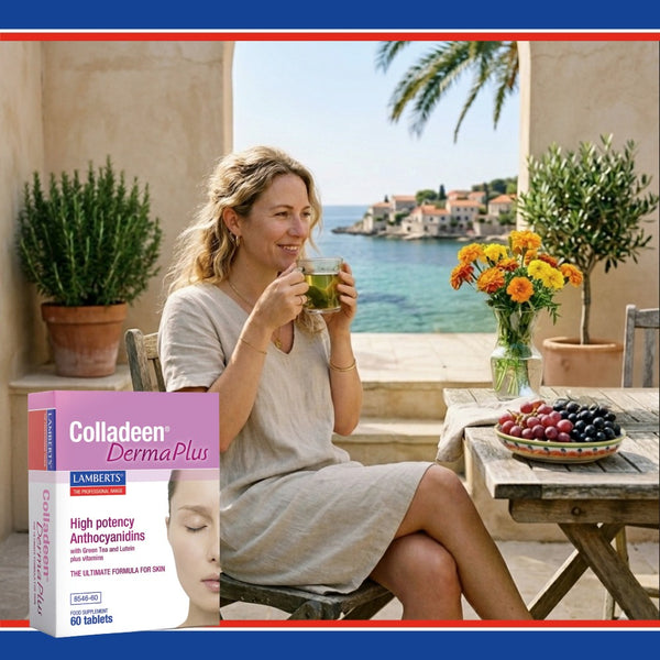 Woman sitting outdoors enjoying a drink with Colladeln DermaPlus supplement packaging displayed.