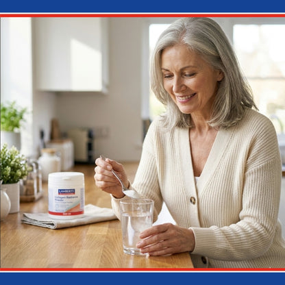 Woman in a kitchen pouring powder from a container into a glass of water.