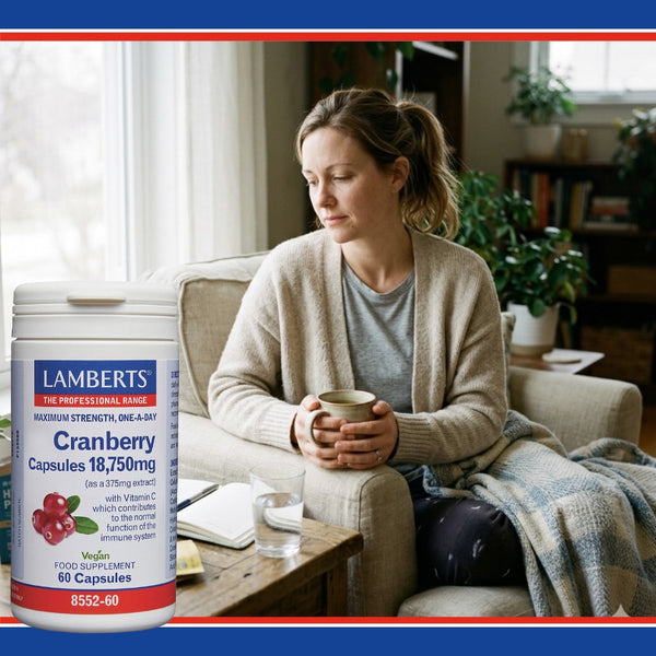 Woman sitting on a couch holding a mug with a bottle of Lamberts Cranberry Capsules in the foreground.