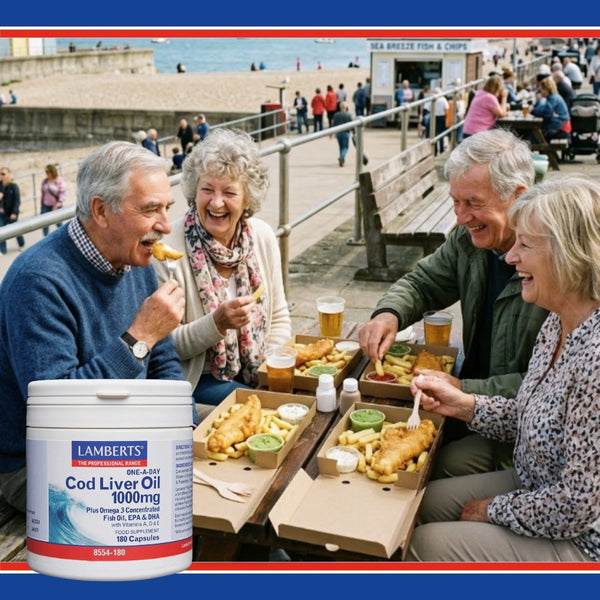 Group of people enjoying fish and chips by the seaside with a container of Lamberts Cod Liver Oil 1000mg in the foreground.