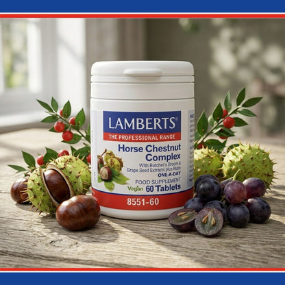 Lambert's Horse Chestnut Complex supplement container on a wooden surface with chestnuts and grapes.