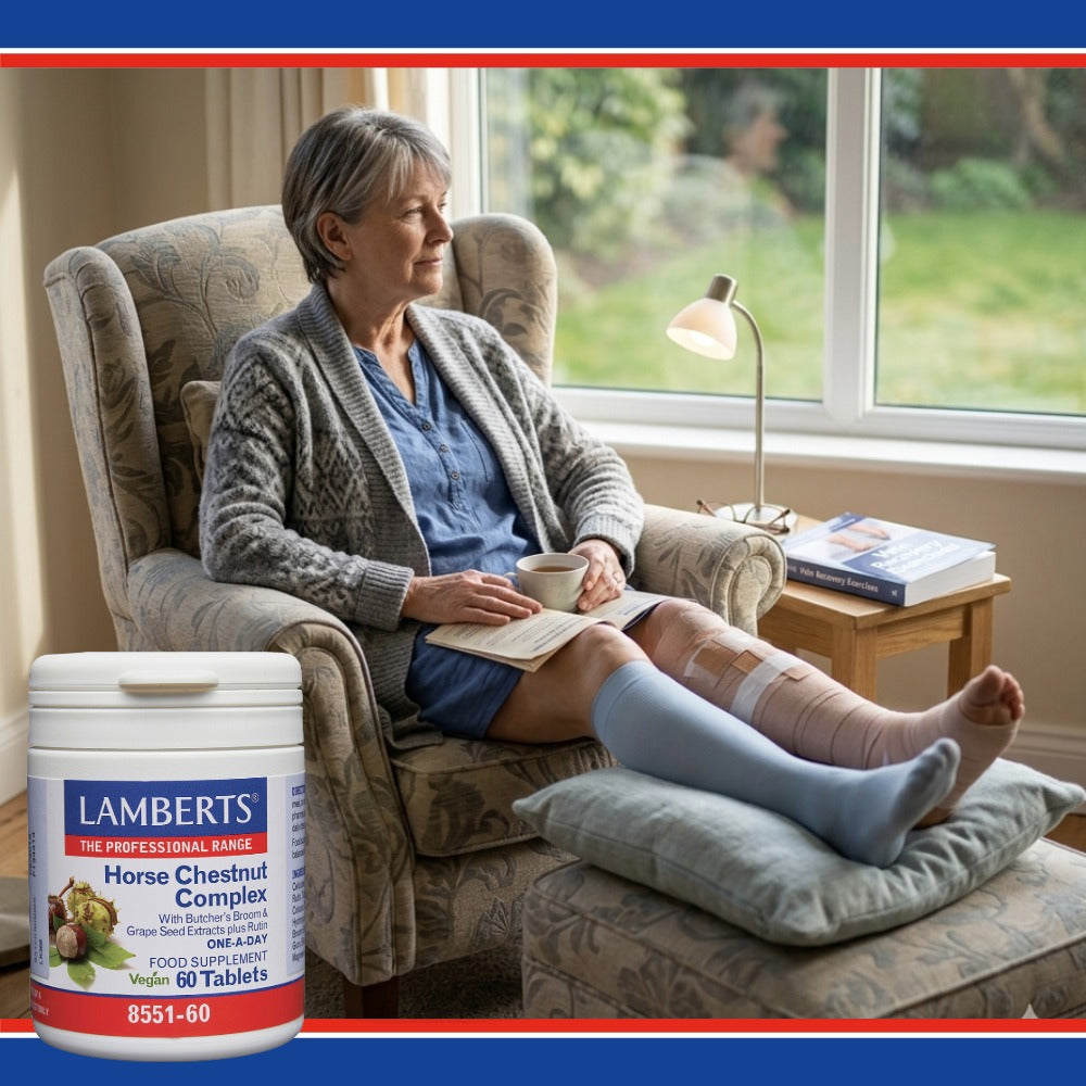 Woman sitting in a chair with a cup of tea, reading a book, next to a container of Lamberts Horse Chestnut Complex.