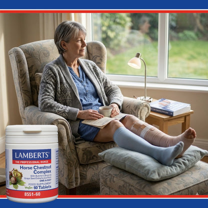 Woman sitting in a chair with a cup of tea, reading a book, next to a container of Lamberts Horse Chestnut Complex.