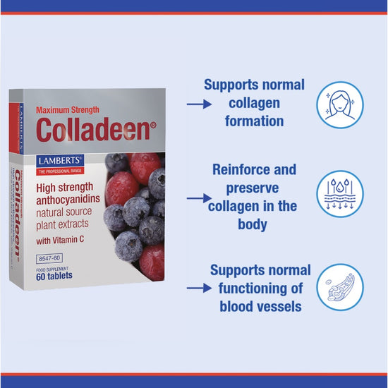 Colladeen supplement box with blueberries and strawberries on a light blue background