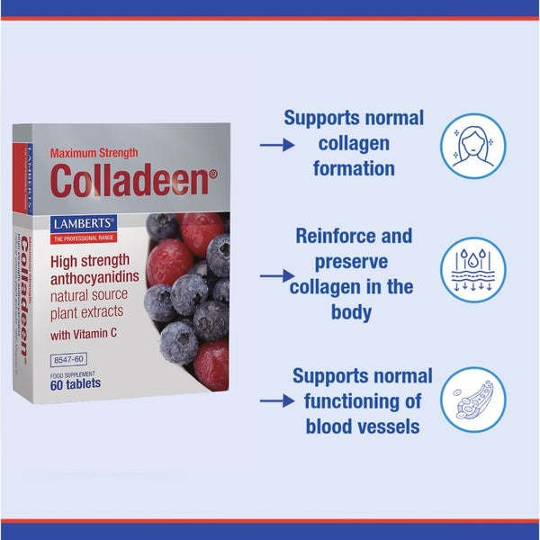 Colladeen supplement box with blueberries and strawberries on a light blue background