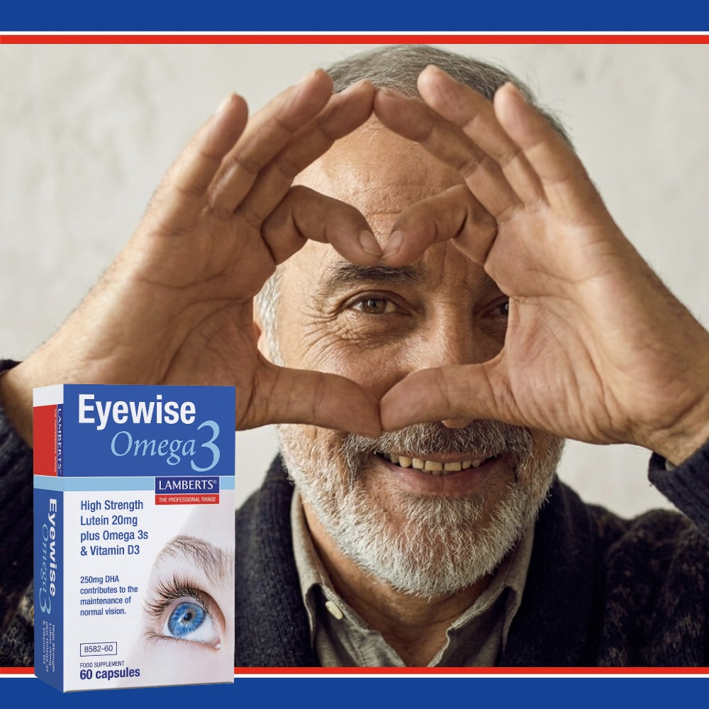 Man making a heart shape with his hands, with an Eyewise Omega 3 supplement box in the foreground.