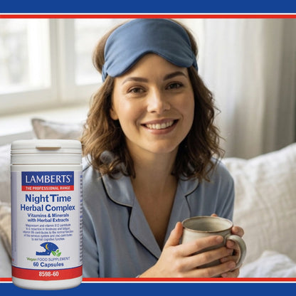 Woman wearing a sleep mask and holding a mug next to a bottle of Lamberts Night Time Herbal Complex supplement.