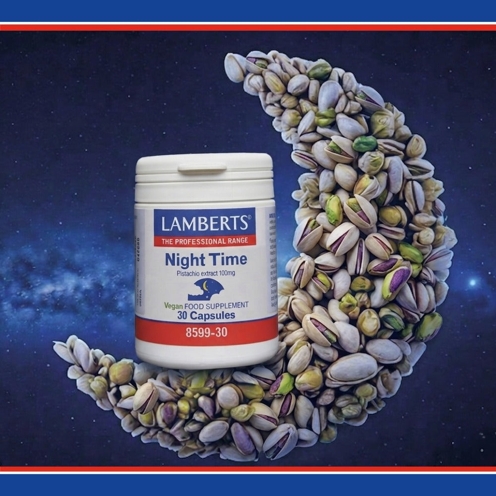 Lambert's Night Time supplement container surrounded by seeds on a starry night background