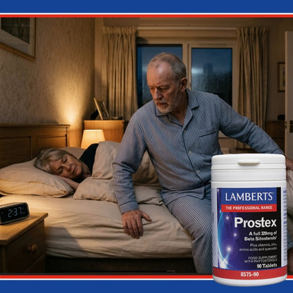 Man sitting on a bed next to a woman, with a Lamberts Prostex supplement container in the foreground.