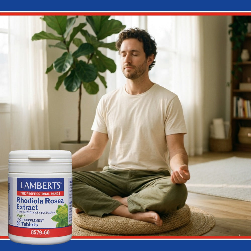 Man meditating in a room with a plant and bookshelf, Lamberts Rhodiola Rosea Extract supplement visible.