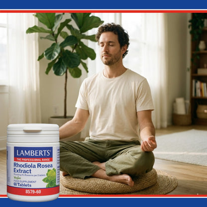 Man meditating in a room with a plant and bookshelf, Lamberts Rhodiola Rosea Extract supplement visible.