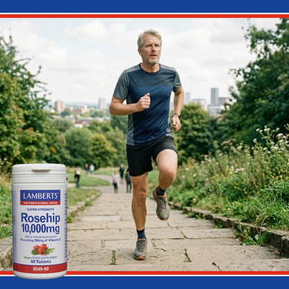 Man running outdoors with a supplement container labeled 'Lamberts' in the foreground.