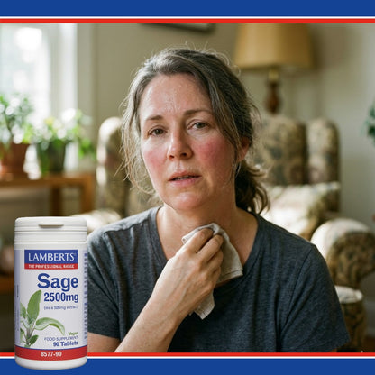 Woman holding a towel to her face with a supplement container labeled 'Lamberts Sage' in the foreground.