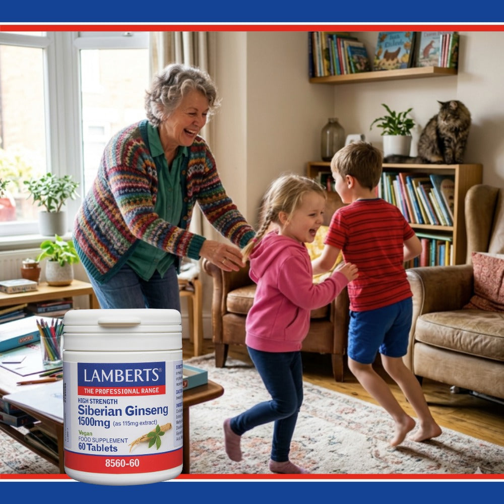 Woman with two children in a living room with a supplement container in the foreground.