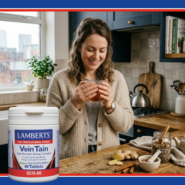 Woman in a kitchen holding a mug with a container of Lamberts Vein Tain supplement in the foreground.